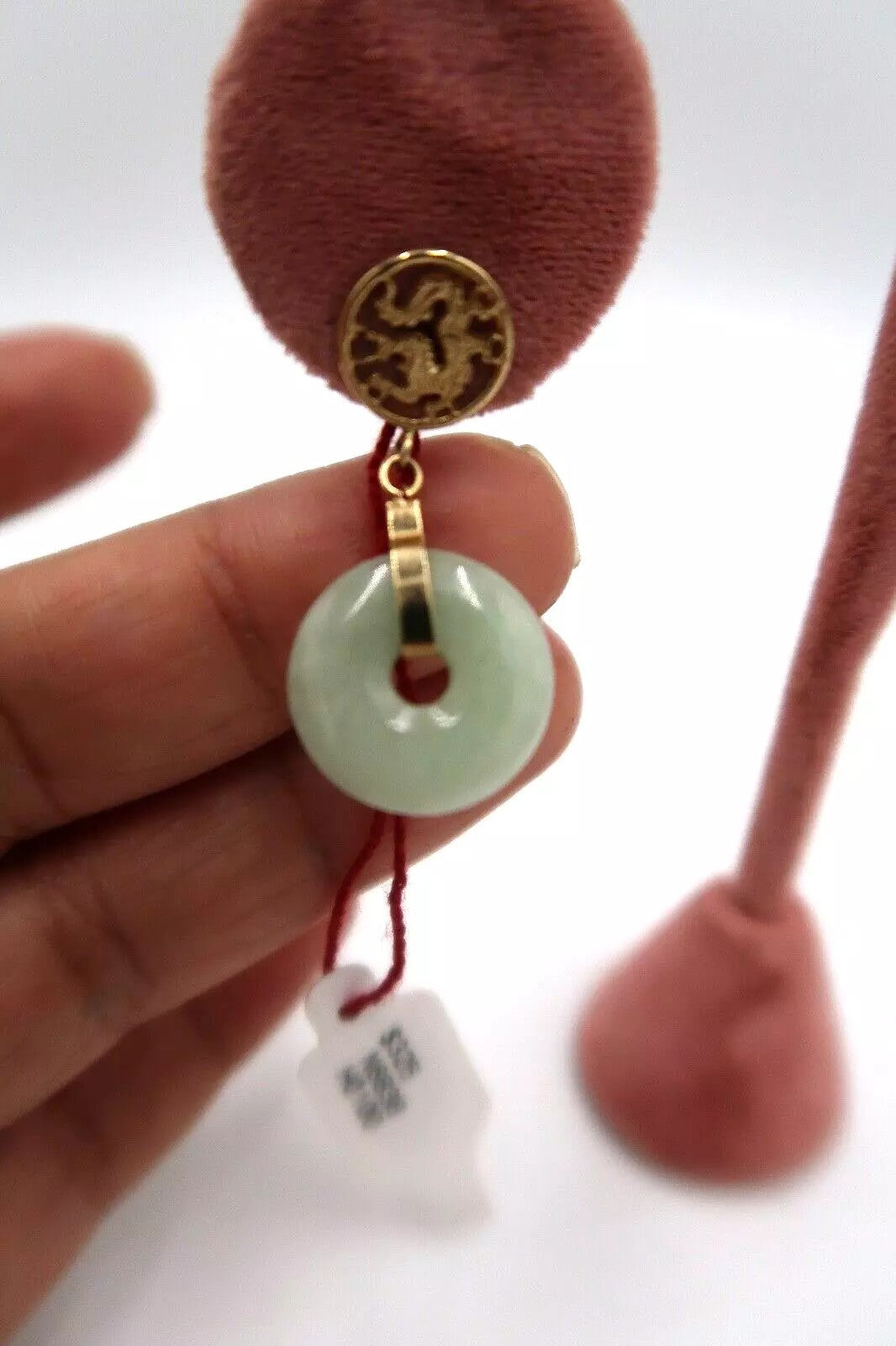 t386 14K Yellow Gold Carved Bi-Disc Green Jade Vintage Dangle Earrings Blessing