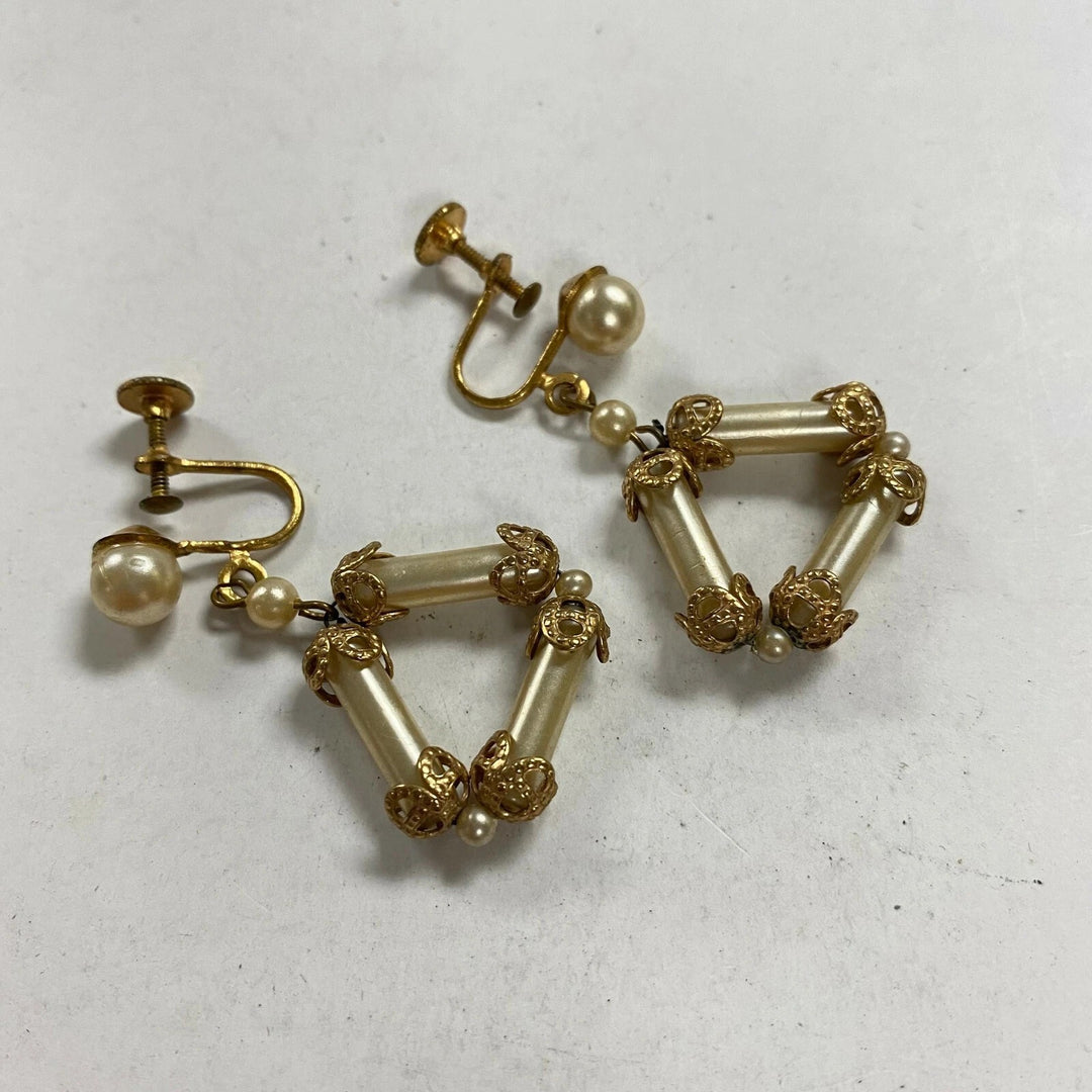 m478 Vintage Gold Filled Filigree Pearls Clip on Dangling Earrings