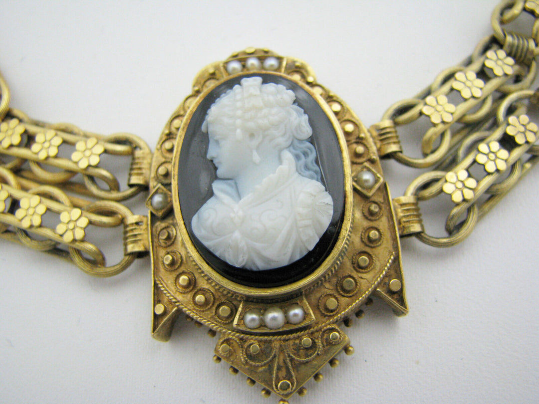 c100 Beautiful Unique Antique Cameo 9k Yellow Gold Convertible Necklace