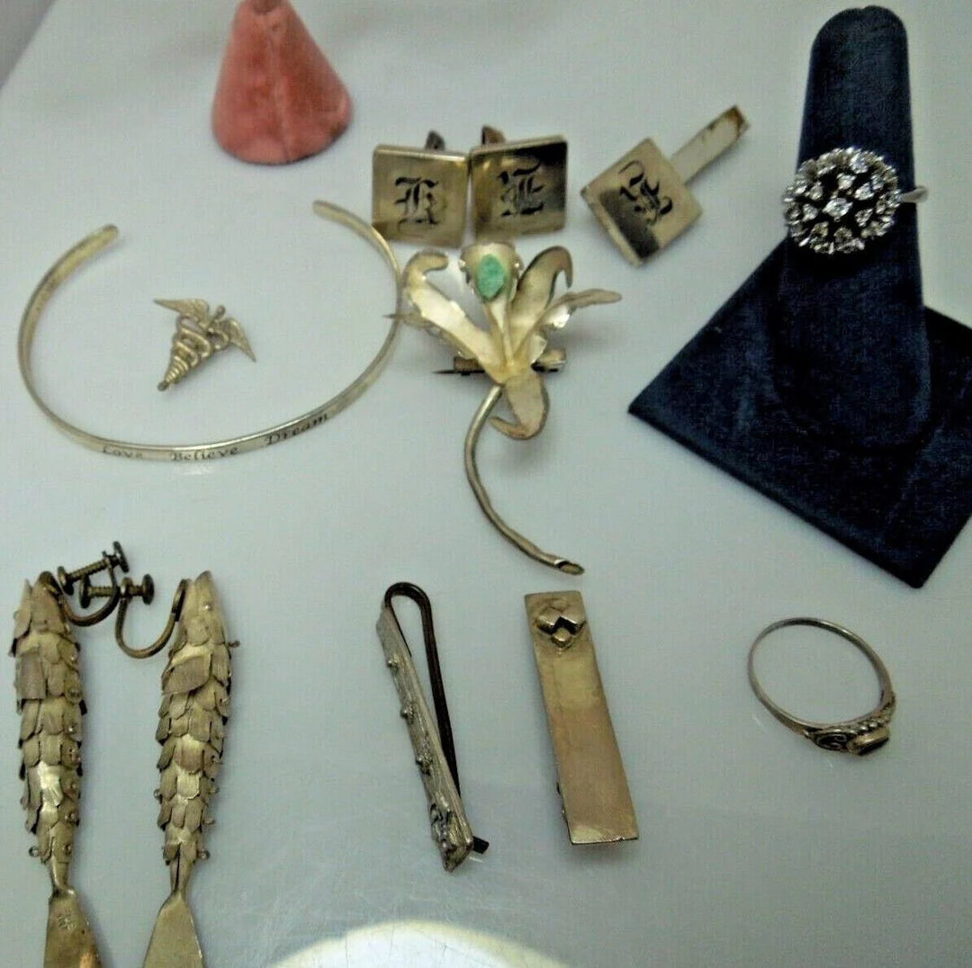 r199 Lot of 10 Sterling Silver Vintage Jewelry Earrings,Rings,Brooches,Cufflinks Tie Pins,Sterling Silver Bracelet all are signed