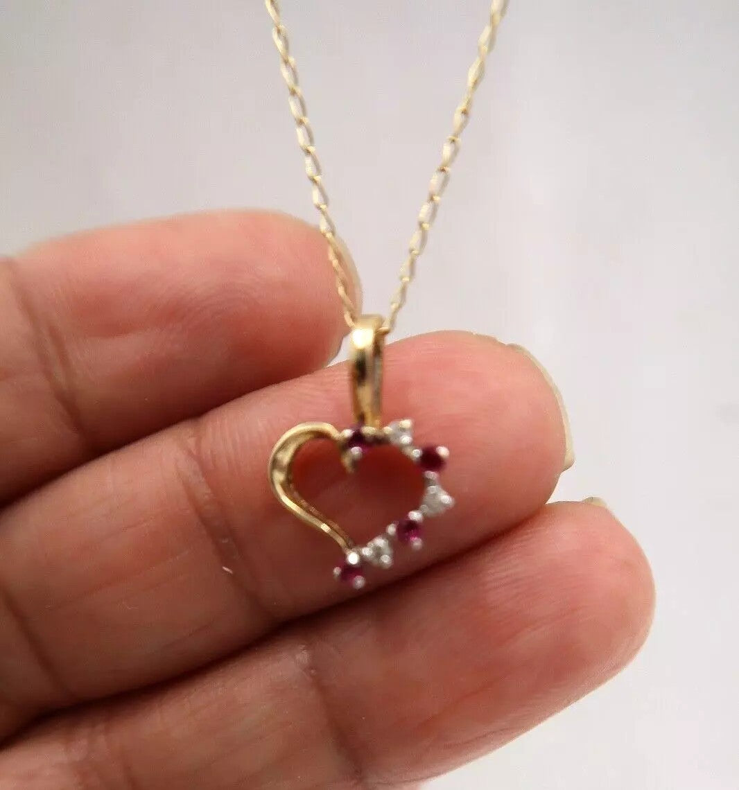 t381 10k/14k Gold Ruby Diamond Open Heart Pendant Necklace 18"
