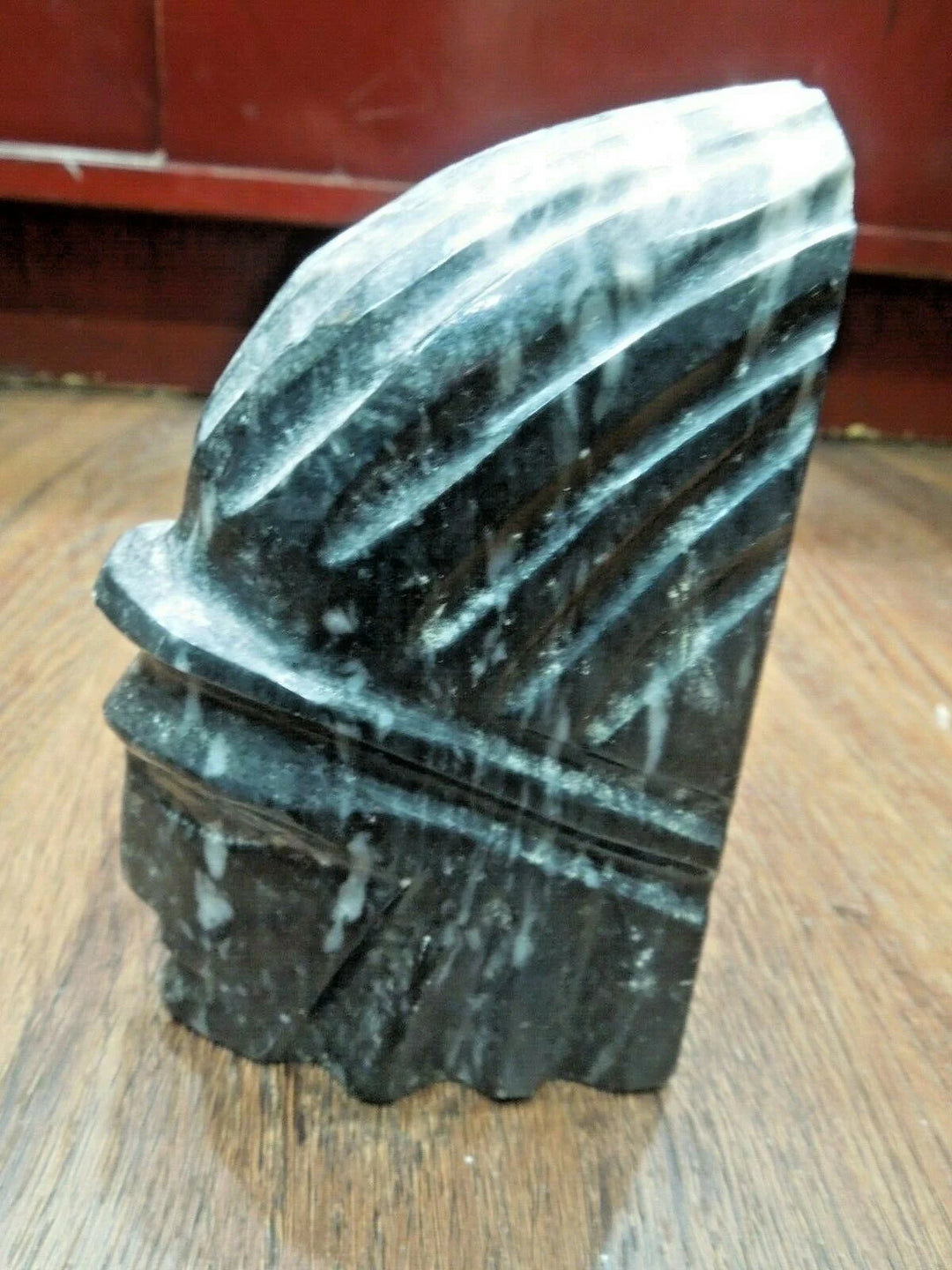 r146 Native Indian Black Marble man Face with feathers Sculpture Paper Weight