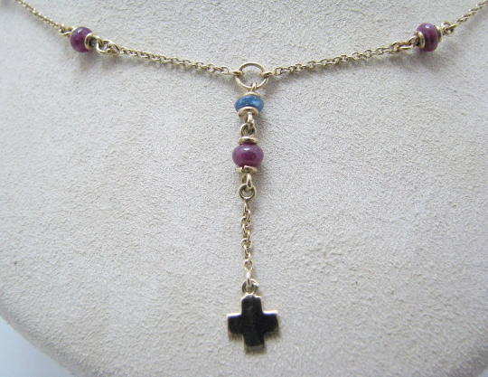 j014 Beautiful Lariat Style Necklace in14k Yellow Gold Necklace with Blue and Red Stone