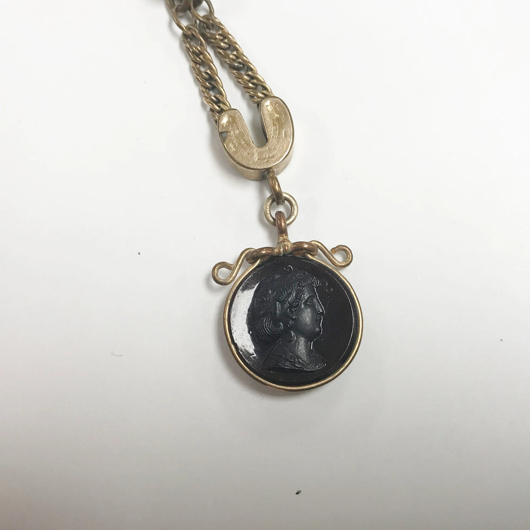 e505 Antique Gold Filled Vest Pocket Watch Chain Gold Tone Carved Pendant 13.5"