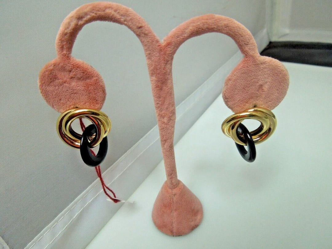 r175 14kt Yellow Gold Onyx Round Hoop Earrings Signed 6.3g