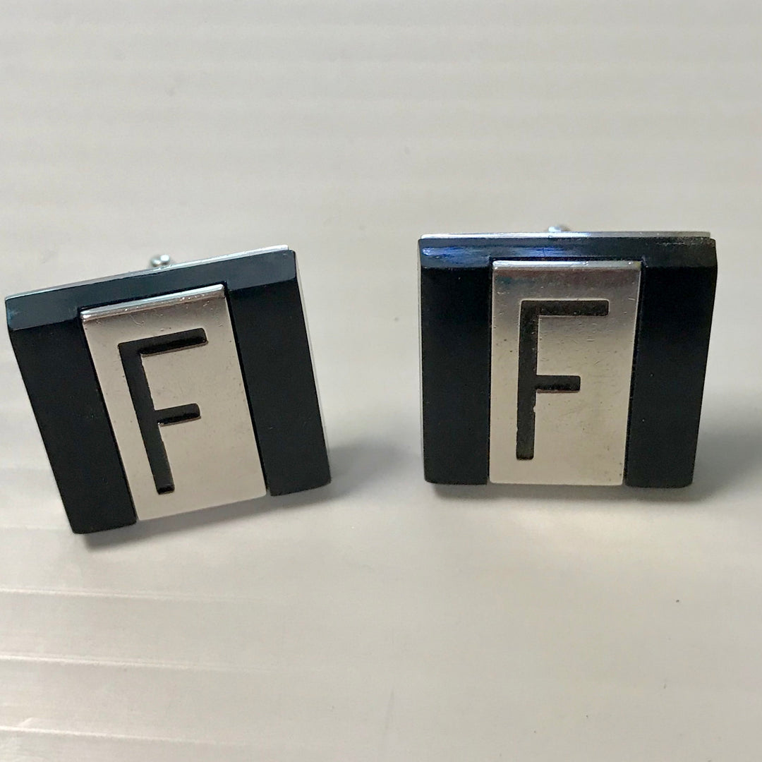 f276 Vintage Silver Tone "F" Initial on black Men's Cuff Links