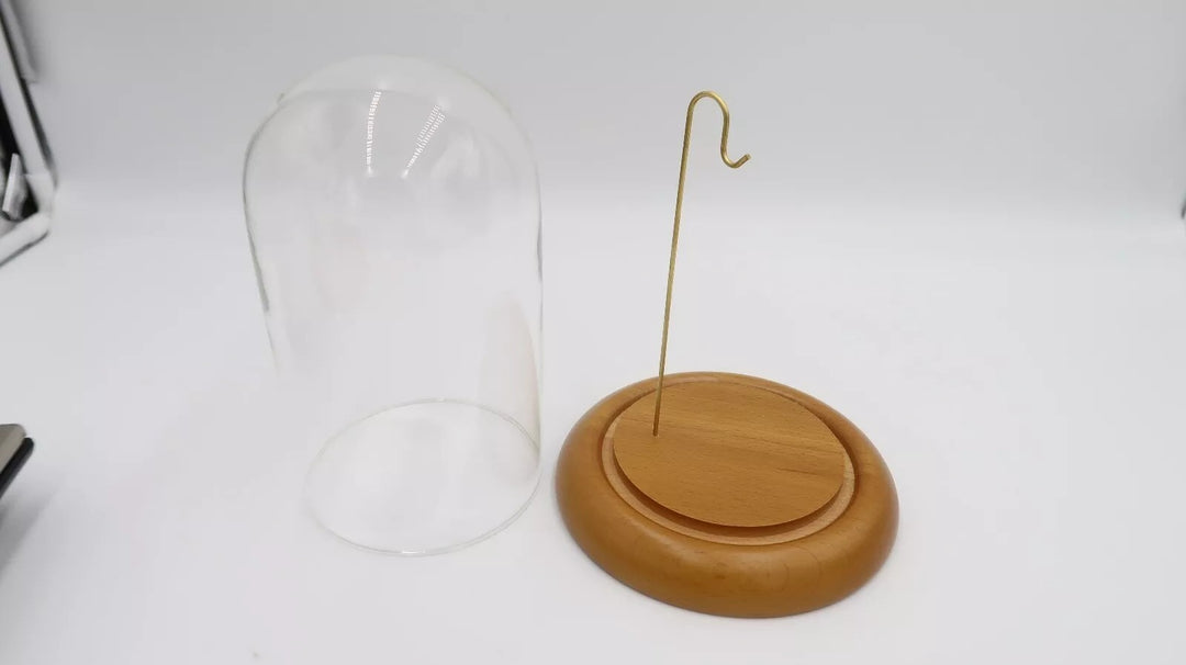 t461 Wood Base ,Brass and Glass Pocket Watch Holder