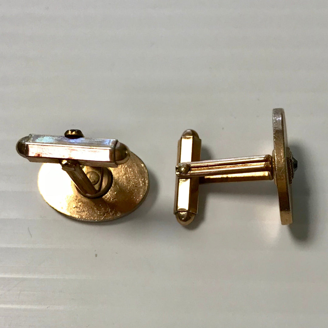 f262 Vintage Gold Tone Oval Men's Cuff Links with Center White Stone