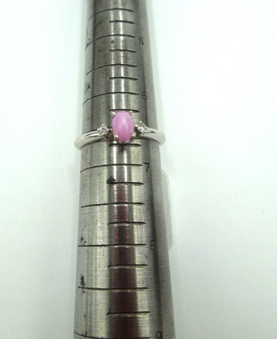t243 10kt White Gold Pink Star Sapphire Diamond Chip Ring Size 6 1/2(US) Signed,10kt White Gold Ring