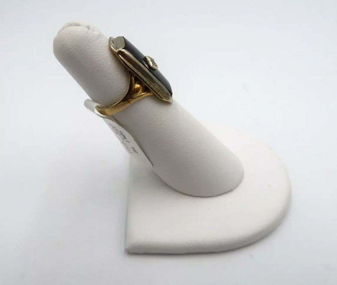 t427 10k Yellow Gold Diamond .01 cts Onyx Ring Size 4(US)Signed