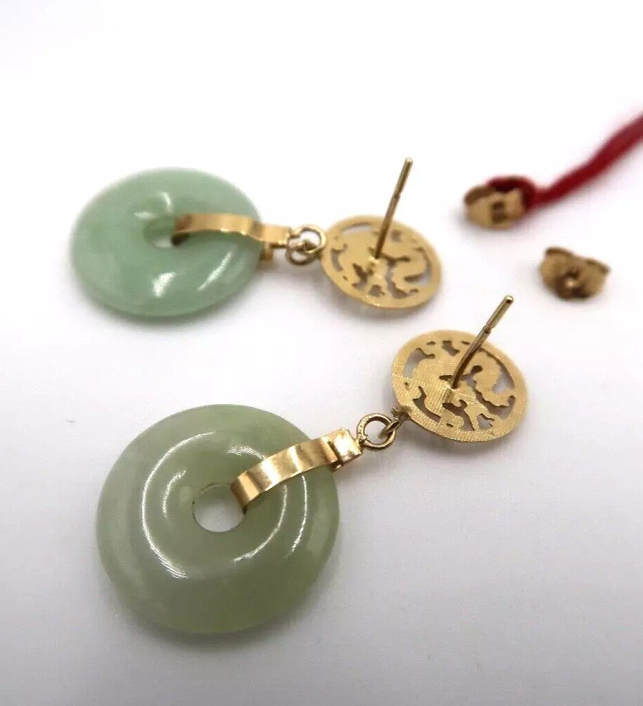 t386 14K Yellow Gold Carved Bi-Disc Green Jade Vintage Dangle Earrings Blessing