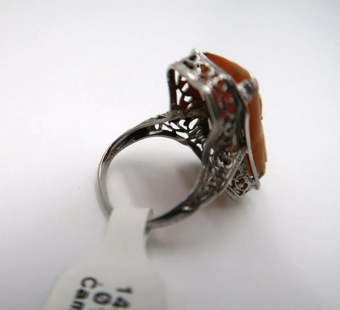 t287 Vintage 14k White Gold Filigree Diamond Cameo Ring Size 4.5 Pretty Lady