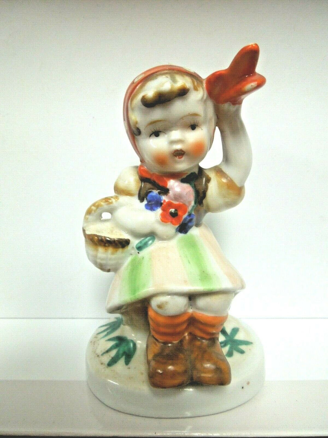 r099 Occupied Japan ceramic figurine, little girl sitting on mushroom scarf & basket