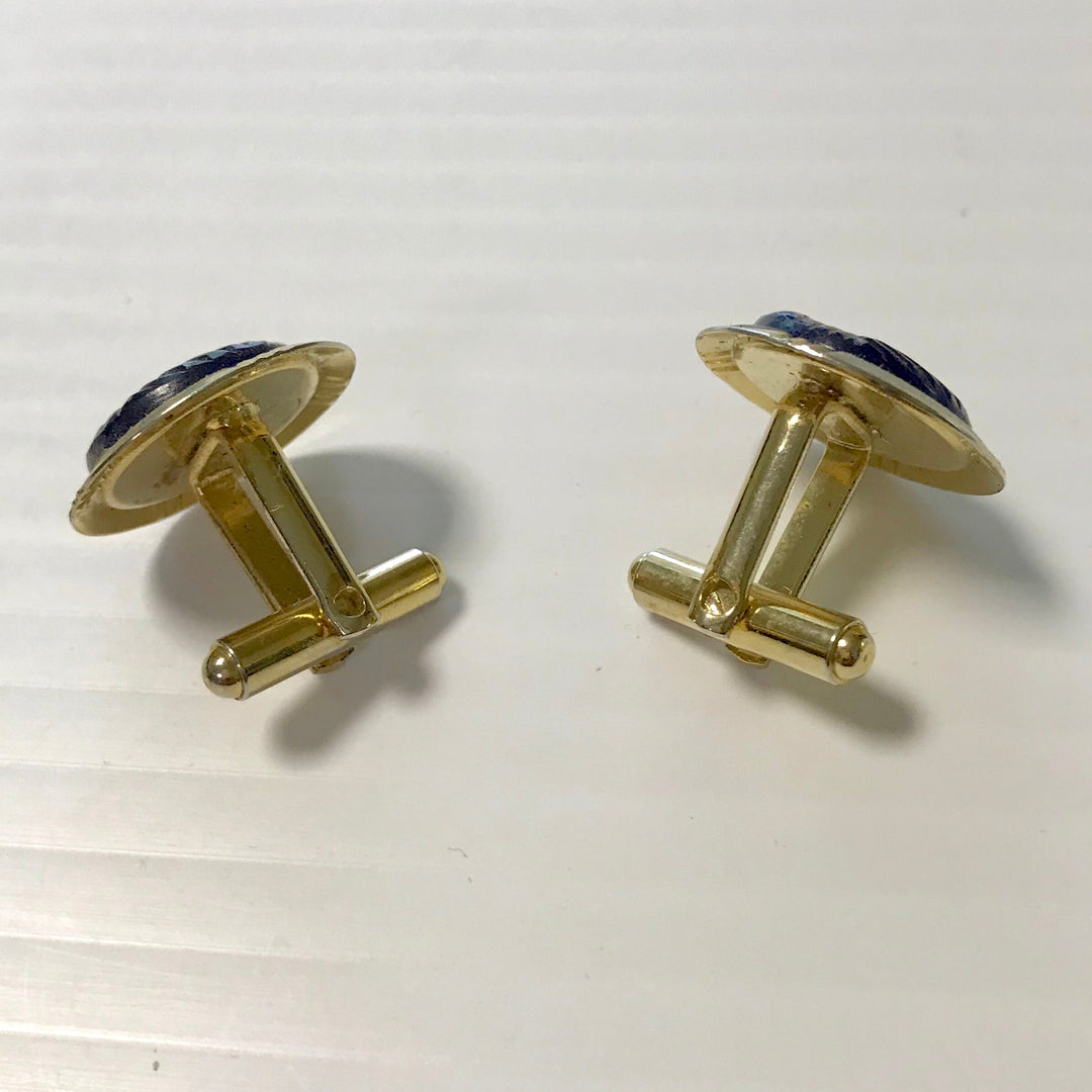 f261 Vintage Gold Tone Blue Filling Round Men's Cuff Links