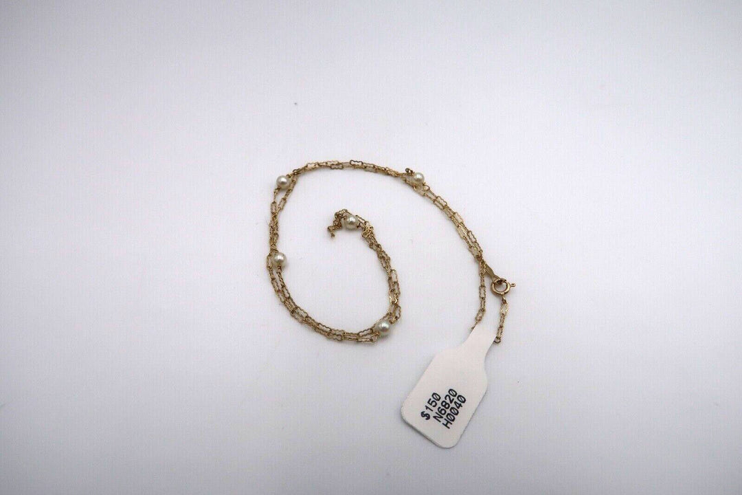 t338 14k Yellow Gold 16" Crinkle Pearl Chain, Minimal & Chic Tiny Freshwater Pearl Necklace.