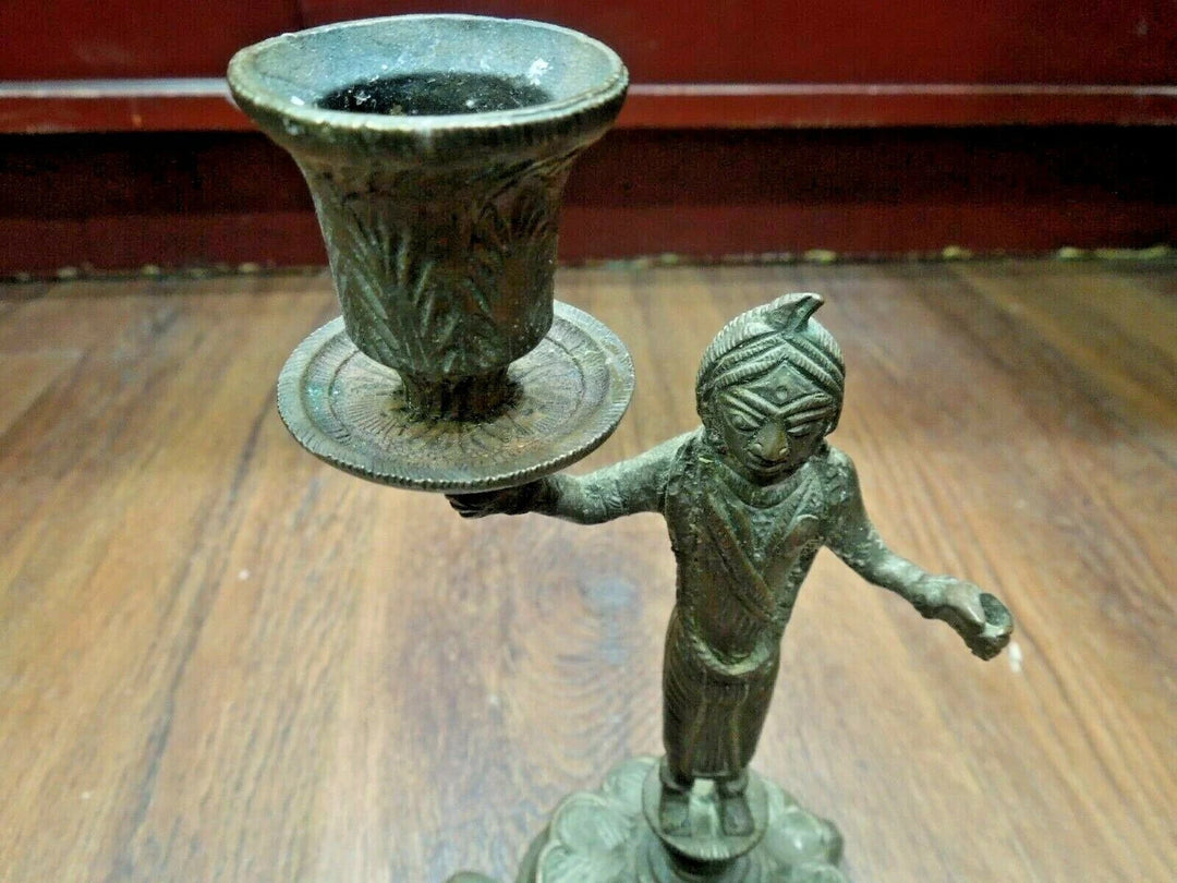 r141 Antique Indian Lady figural brass candle-holder