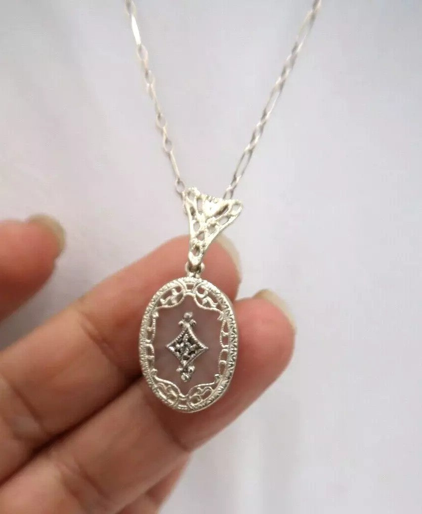 t383 Art Deco 14k White Gold Camphor Glass Diamond .01 TDW Filigree Necklace