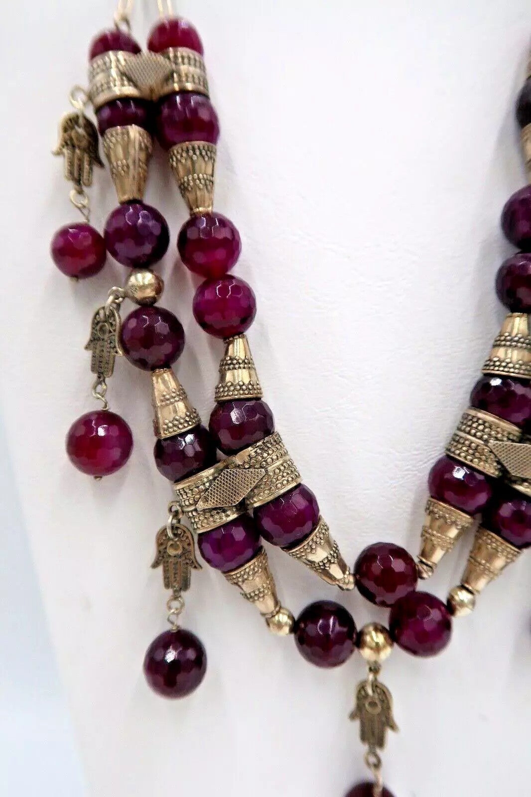 t321 Double Stranded Necklace of Faceted Amethyst Nuggets Sterling Silver Hamsa