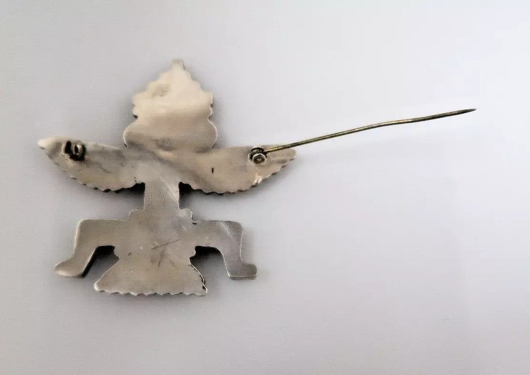 t523 Wonderful Native American Zuni Sterling Silver, Inlaid Turquoise Brooch