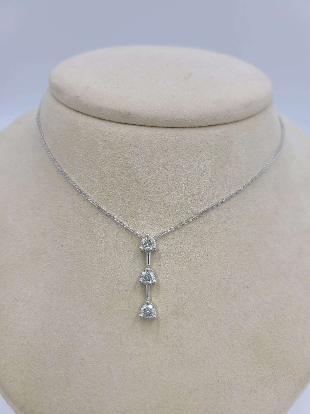 k668 Gorgeous Ladies 3 Diamond Past, Present, Future Pendant on an 16" Foxtail Style 14kt White Gold Necklace