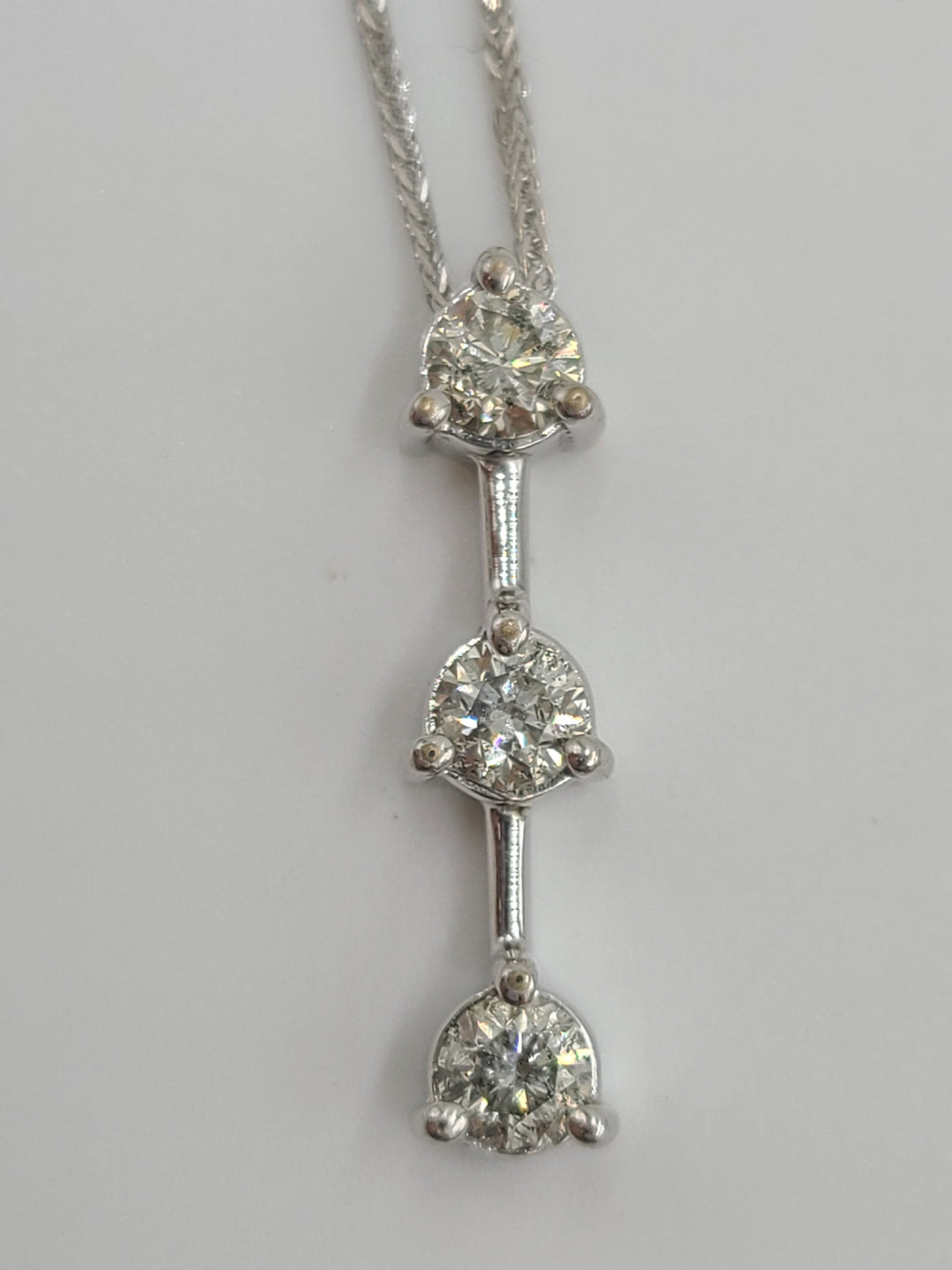 k668 Gorgeous Ladies 3 Diamond Past, Present, Future Pendant on an 16" Foxtail Style 14kt White Gold Necklace