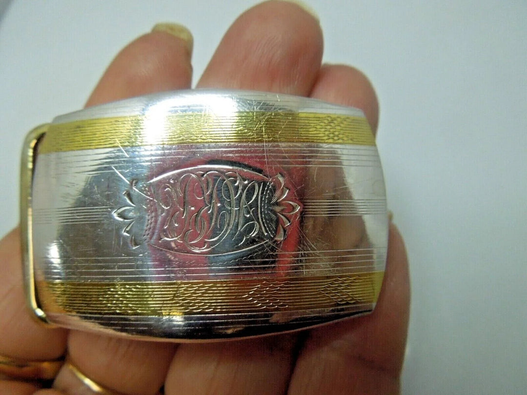 r200 LM Co. 1920 Antique Vintage Sterling Silver and 22K Gold Engraved Belt Buckle For 1” Belt