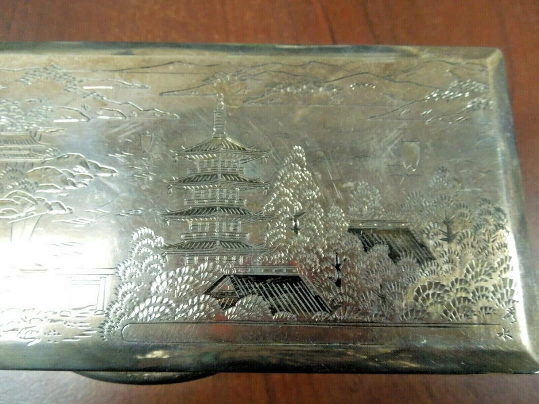 r137 Antique Sterling Silver 970 Trinket Box Etched Chinese Pagoda Signed
