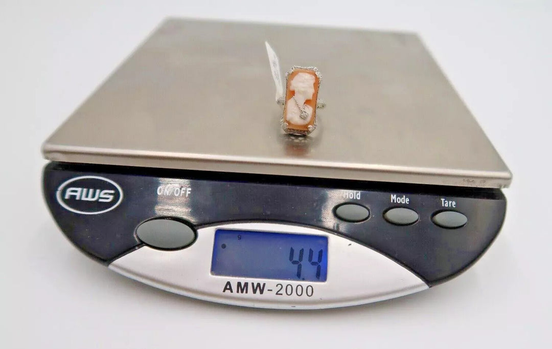 t287 Vintage 14k White Gold Filigree Diamond Cameo Ring Size 4.5 Pretty Lady