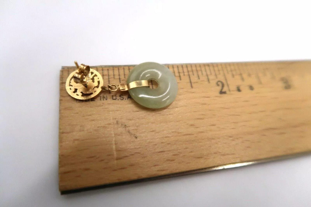 t386 14K Yellow Gold Carved Bi-Disc Green Jade Vintage Dangle Earrings Blessing