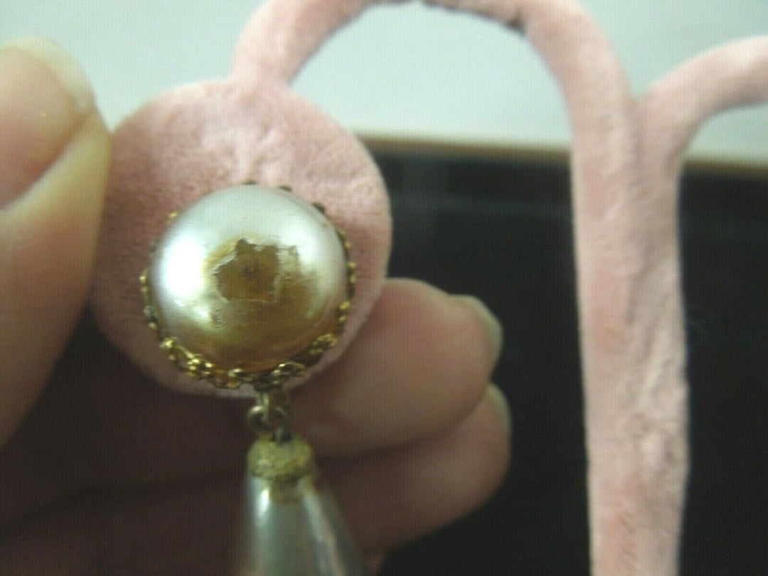r096 Miriam Haskell Signed Long Dangle Pearl Clip back Earrings 40'S Vintage