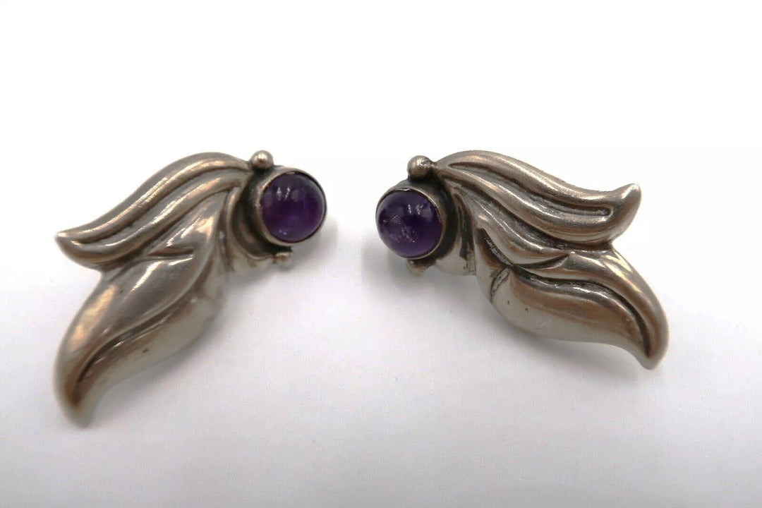 t418 Vintage Mexican Silver and Amethyst Link Bracelet and Earring
