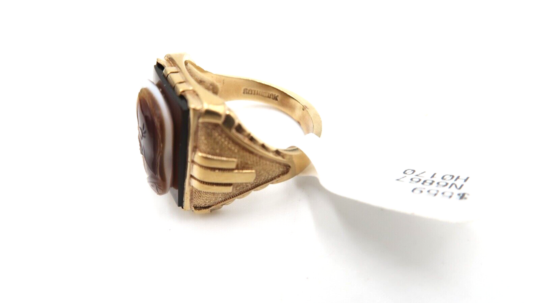 t509 Antique 10K Mens Cameo Ring w Roman Soldiers - Sz 9- Vintage Italian Jewelry