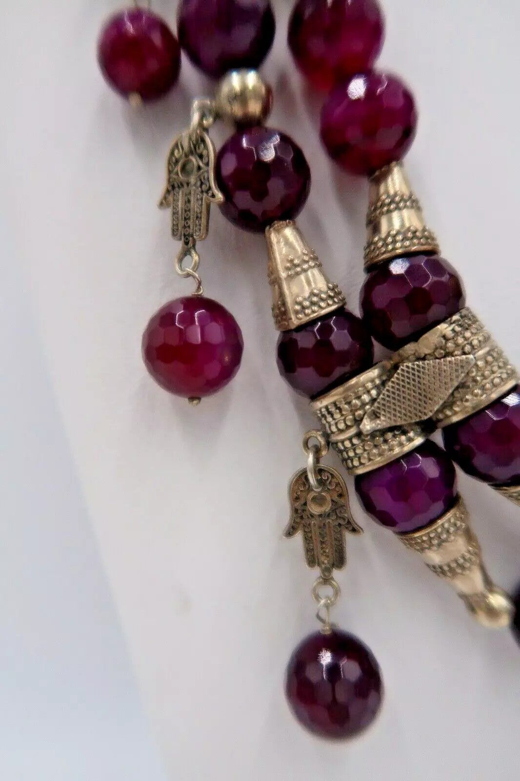 t321 Double Stranded Necklace of Faceted Amethyst Nuggets Sterling Silver Hamsa