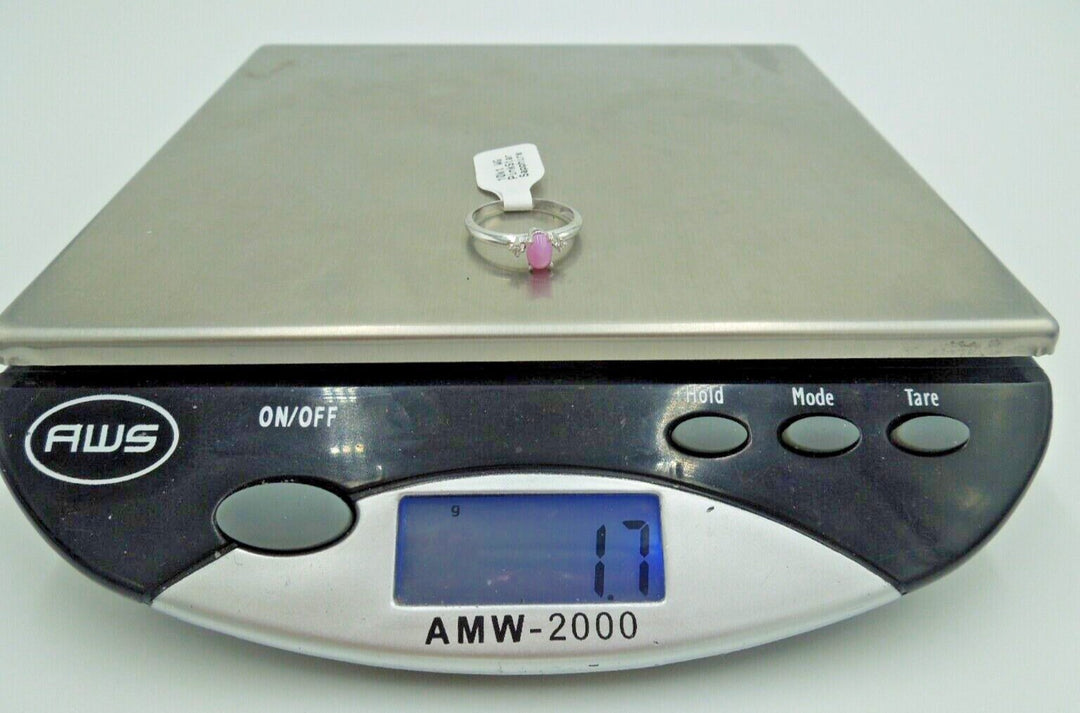 t243 10kt White Gold Pink Star Sapphire Diamond Chip Ring Size 6 1/2(US) Signed,10kt White Gold Ring