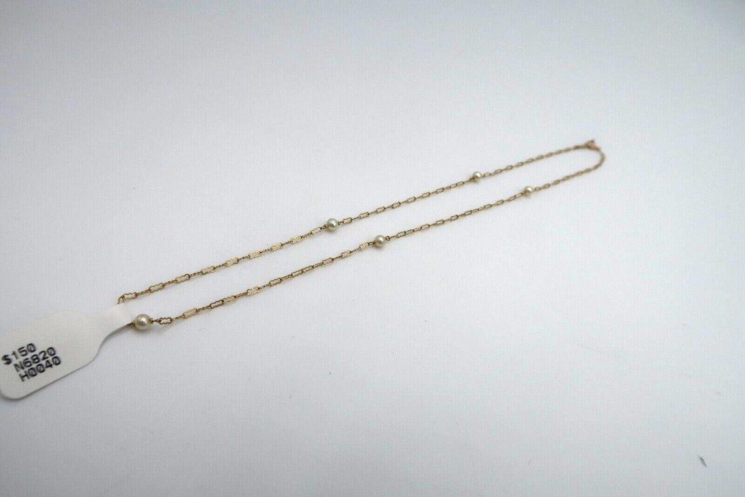 t338 14k Yellow Gold 16" Crinkle Pearl Chain, Minimal & Chic Tiny Freshwater Pearl Necklace.