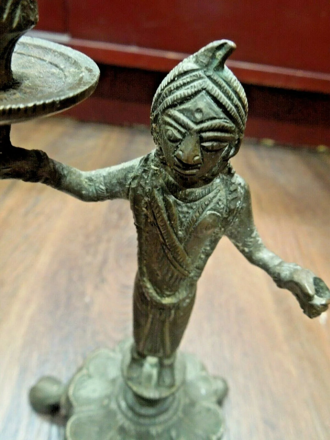 r141 Antique Indian Lady figural brass candle-holder