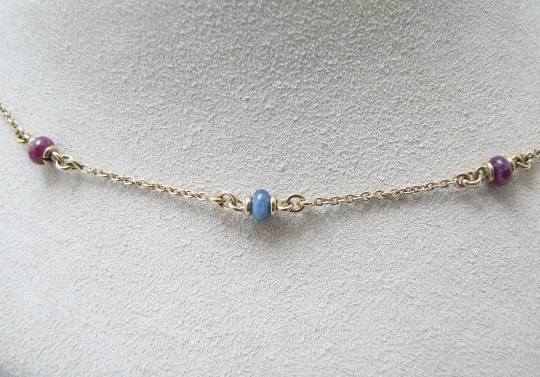 j014 Beautiful Lariat Style Necklace in14k Yellow Gold Necklace with Blue and Red Stone
