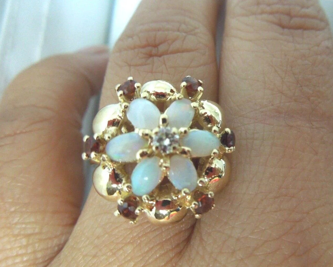 r173 14kt Yellow Gold Diamond Opal Garnet Tri Gemstone Ring Size 5(USA) 6.4g Signed