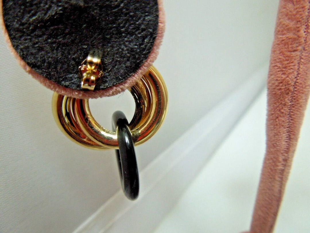 r175 14kt Yellow Gold Onyx Round Hoop Earrings Signed 6.3g