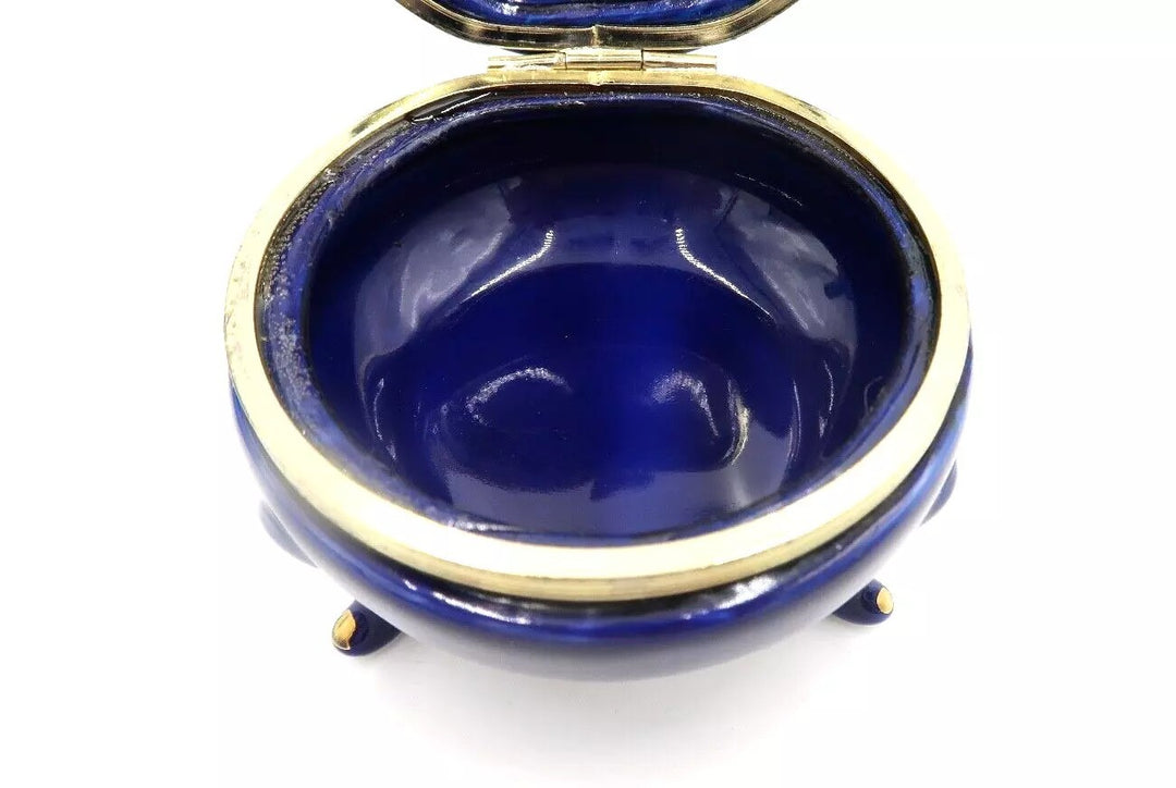 t498 Cobalt Blue Enameled Glass Trinket Pill Snuff Box Bohemian Antique