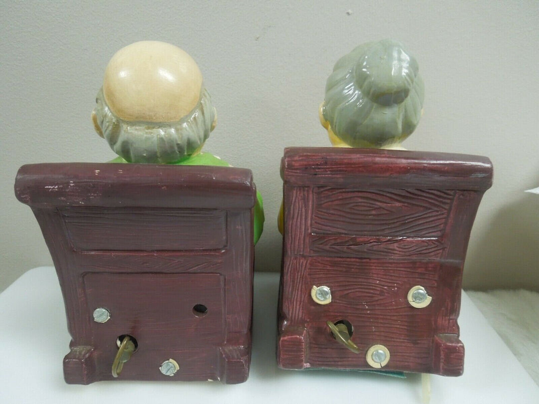 r109 Vintage Music Box Rocking Chair Old Man Woman Grandparents Knitting Newspaper Made In Japan