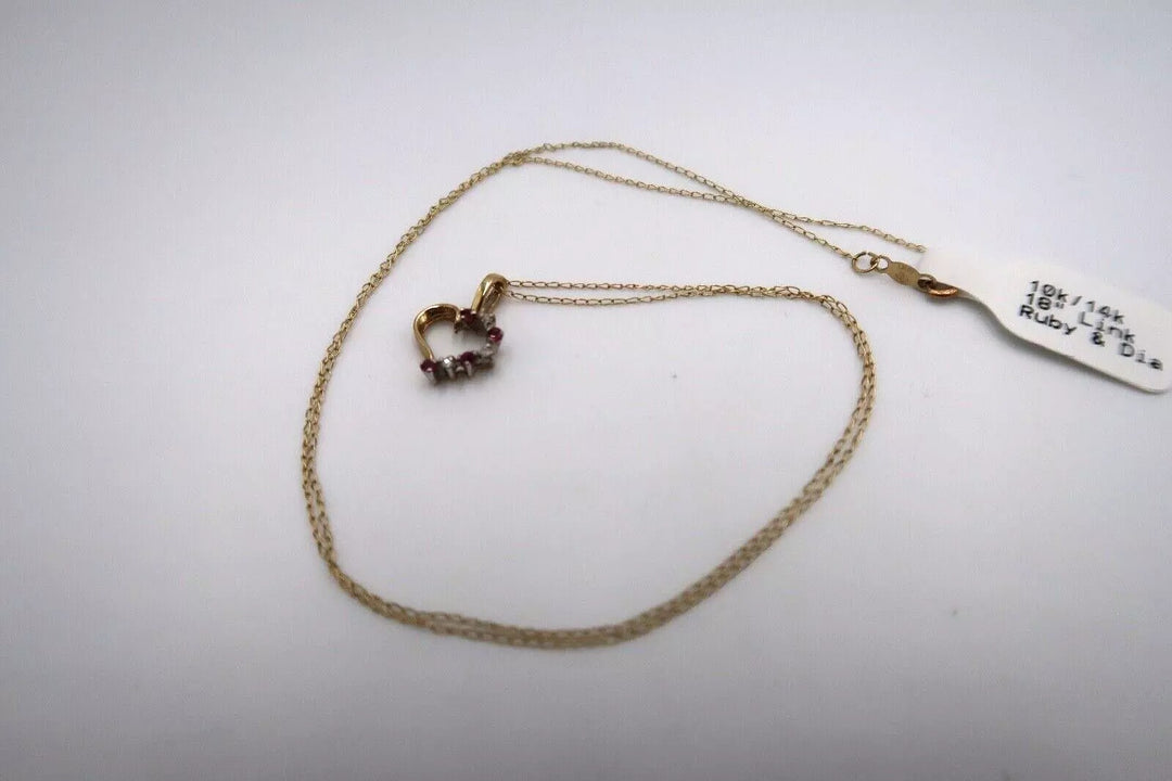 t381 10k/14k Gold Ruby Diamond Open Heart Pendant Necklace 18"