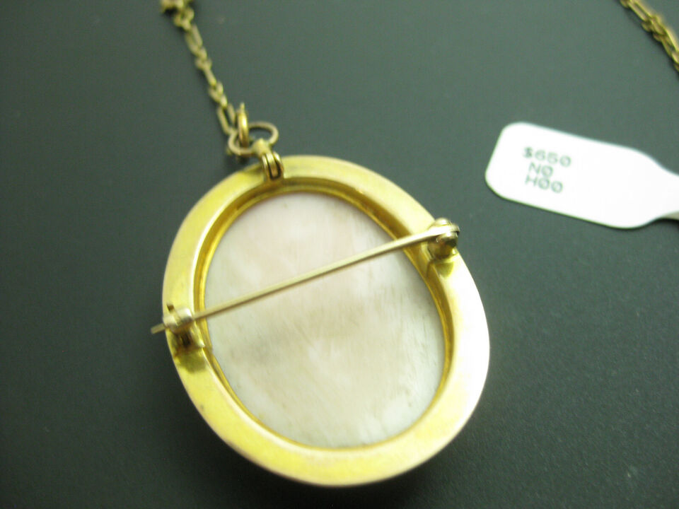 g269 Beautiful Vintage 10kt Yellow Gold Cameo Necklace/Pin on a Delicate Gold Chain