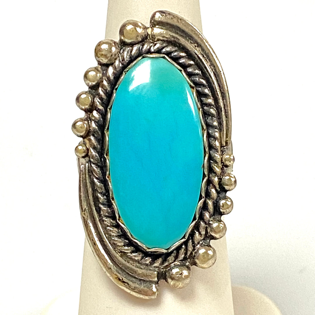 v549 Vintage Navajo Sterling Silver Ring Turquoise Stone Silver Drops Sz 4.75