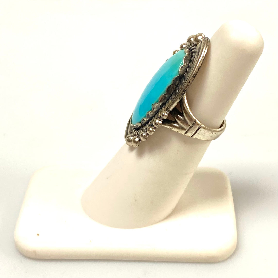 v549 Vintage Navajo Sterling Silver Ring Turquoise Stone Silver Drops Sz 4.75