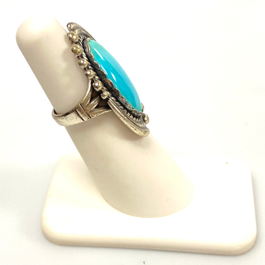 v549 Vintage Navajo Sterling Silver Ring Turquoise Stone Silver Drops Sz 4.75