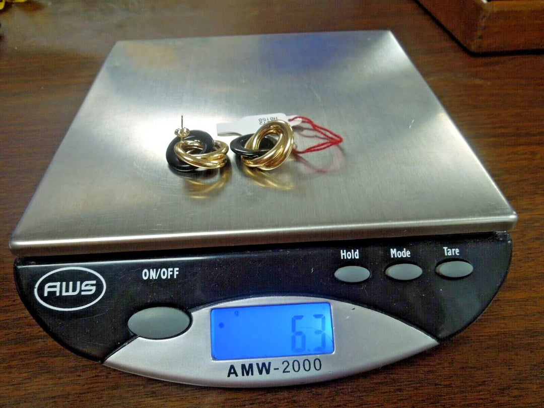 r175 14kt Yellow Gold Onyx Round Hoop Earrings Signed 6.3g