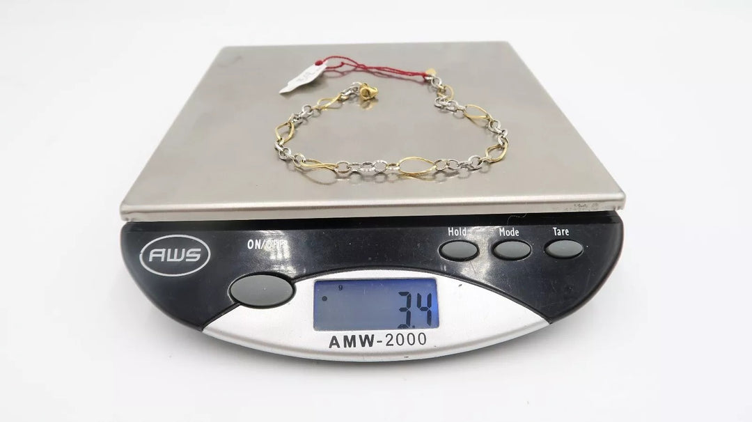 t507 18k White Yellow Gold Link Bracelet 10 3/8" long Stamped