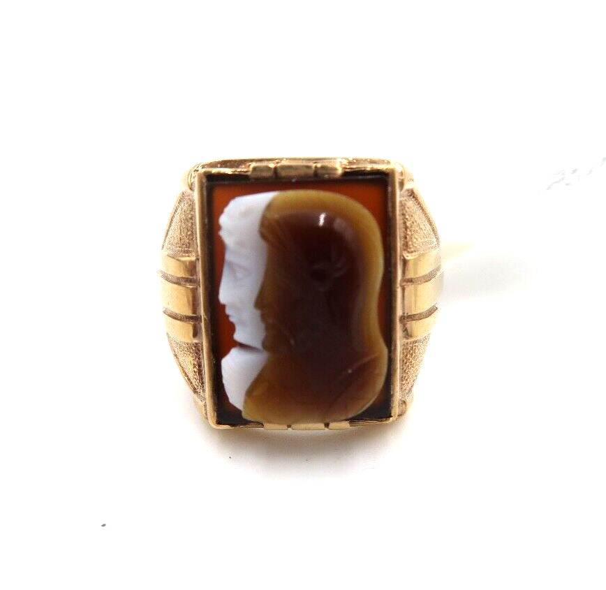 t509 Antique 10K Mens Cameo Ring w Roman Soldiers - Sz 9- Vintage Italian Jewelry