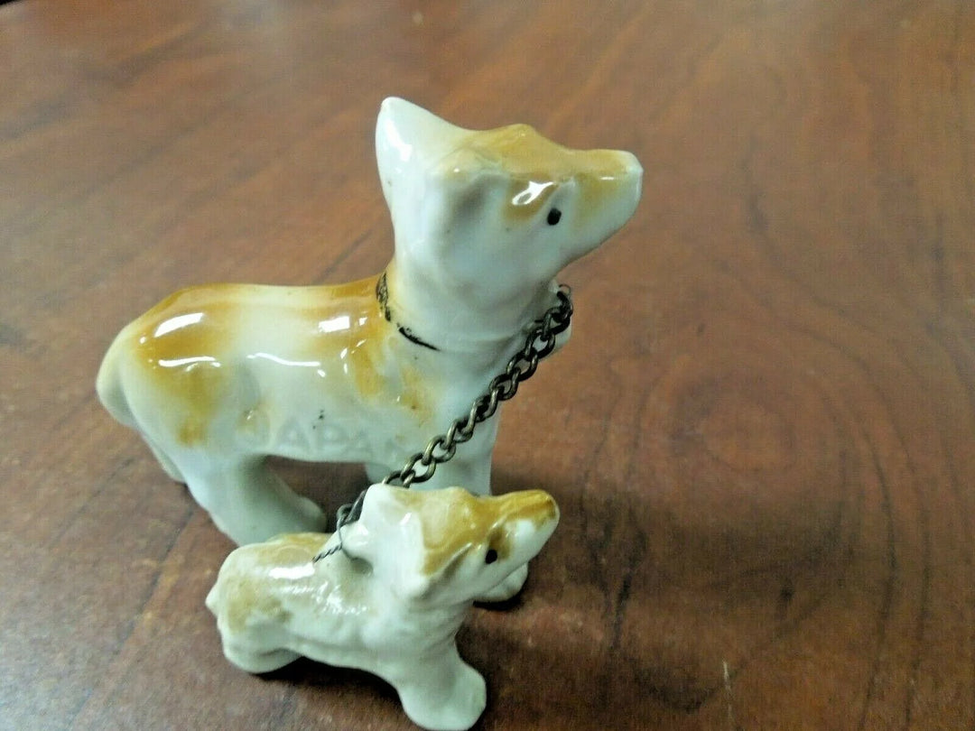 r103 Vintage Porcelain Mother Dog with Puppy Chain Leashes Figurine, Made in Japan